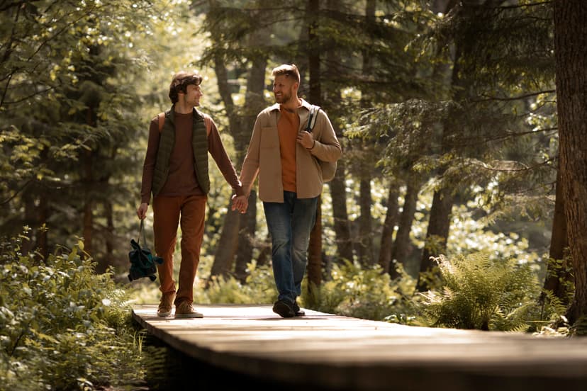 Zwei Personen laufen glücklich durch einen Wald